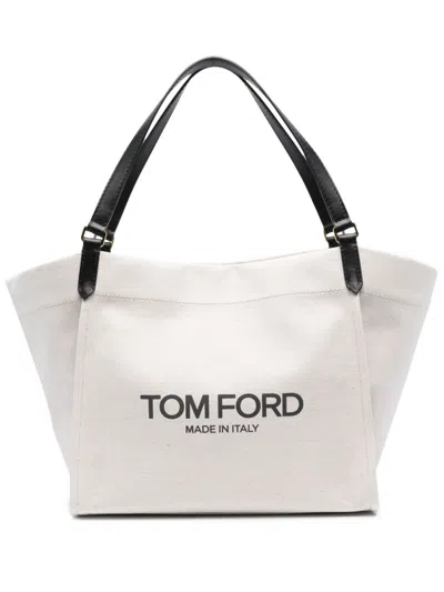 Tom Ford Canvas And Leather Large Tote Handbag In Tan