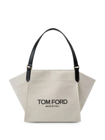 Tom Ford Canvas And Leather Medium Tote Bag In Beige
