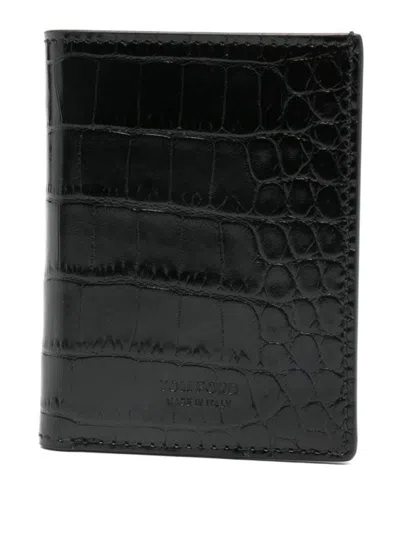 Tom Ford Card Holder In Shiny Crocodile Print Leather In Black