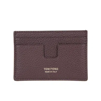 Tom Ford Bordeaux Card Holder With Embossed Logo Lettering On The Front In Grained Leather Man In Brown