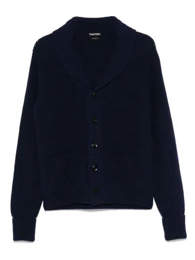 Tom Ford Shawl-collar Ribbed Wool Cardigan In Blue