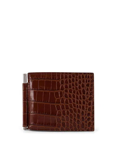 Tom Ford Leather Wallet With Croco Print In Brown