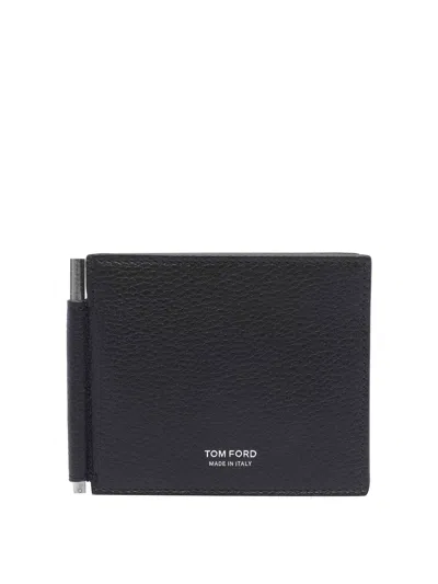 Tom Ford Black Soft Grain Leather Money Clip Wallet In Blue