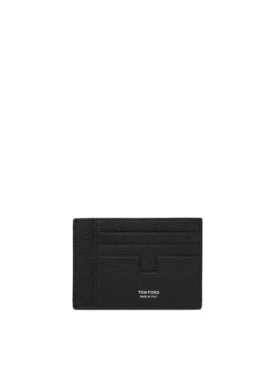 Tom Ford Soft Grain Leather T Line Oversize Card Holder In Black