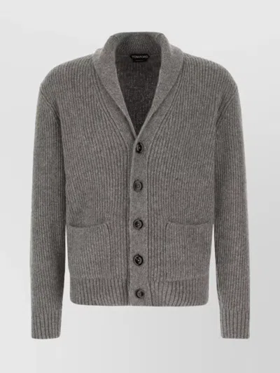 Tom Ford Cashmere And Silk Cardigan With Scarf Collar In Grey