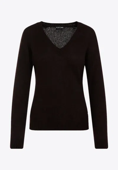 Tom Ford Brown Seamless V-neck Cashmere-silk Top