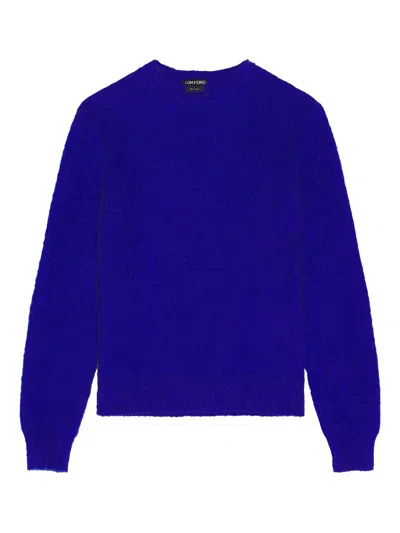Tom Ford Cashmere Crew Neck Sweater With Long Sleeves And Ribbed Cuffs In Blue
