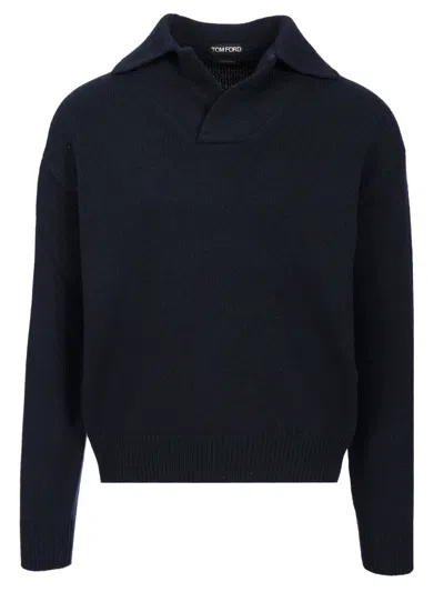 Tom Ford Cashmere Lambswool Polo Collar Pullover Polo Shirt Blue
