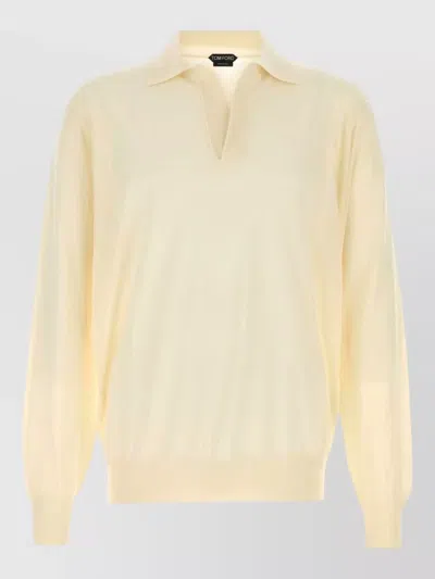 Tom Ford Fine Gauge Cashmere Ls Buttonless Polo In Neutral