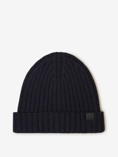 Tom Ford Cashmere Ribbed Beanie In Leather Logo Label On The Front
