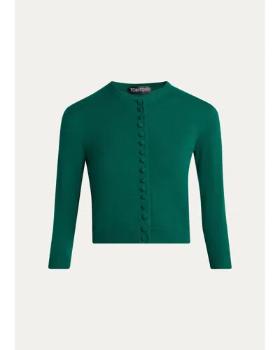 Tom Ford Cashmere Shrunken Crop Crewneck Cardigan In Green