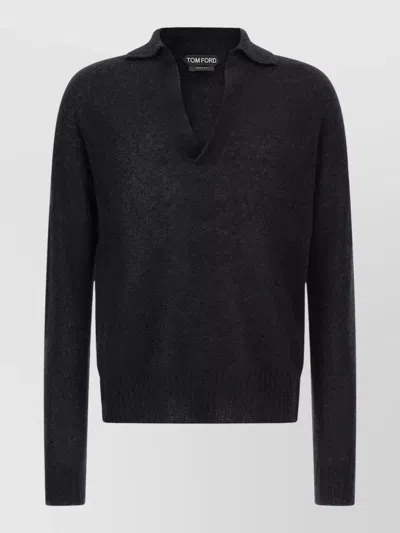 Tom Ford Cashmere Silk Long Sleeve Polo Shirt In Black