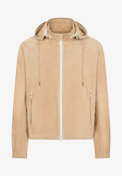 Tom Ford Cashmere Suede Zipped Hooded Jacket In Neutral