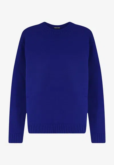 Tom Ford Crewneck Jumper In Merino Wool With Dropped Shoulders And Ribbed Trims In Blue