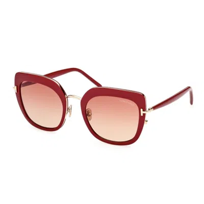 Tom Ford Cat Eye Full Rim, With A Shiny Red Frame And Gradient Bordeaux Lens.