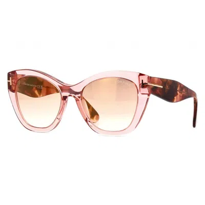 Tom Ford Cat Eye Full Rim, With A Transparent Pink Frame And Gradient Brown With Gold Flash Lens.