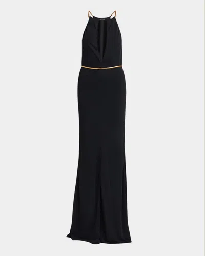 Tom Ford Chain Cutout Sable Jersey Halter Evening Dress In Black