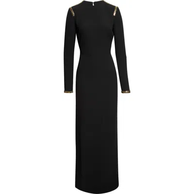 Tom Ford Chainmail Trim Long Sleeve Silk Evening Dress In Black