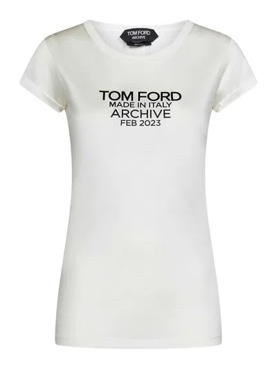 Tom Ford Silk T-shirt With Cap Sleeves And Printed Design In Beige