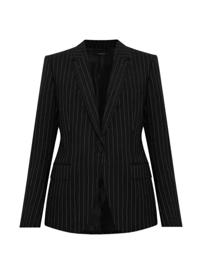 Tom Ford Chalk Striped Crystal Embroidery On Wool Boyfriend Jacket In Black