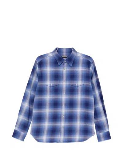 Tom Ford Mens Navy Multicolor Check-print Long-sleeves Cotton-poplin Shirt