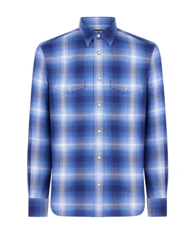 Tom Ford Mens Navy Multicolor Check-print Long-sleeves Cotton-poplin Shirt