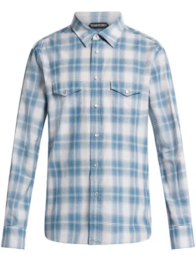 Tom Ford Checkered Design Cotton Shirt For Men In Blue