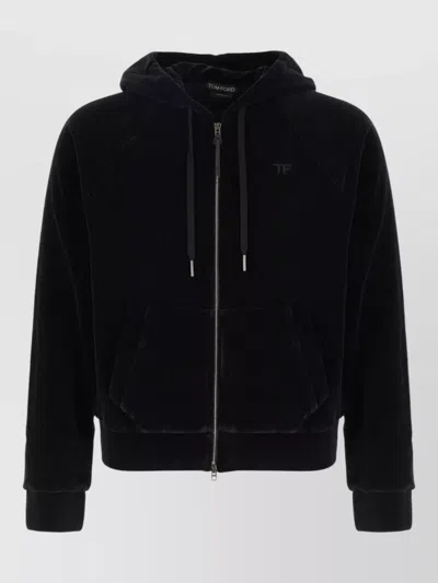 Tom Ford Chenille Hooded Sweatshirt Long Sleeves Kangaroo Pocket In Black