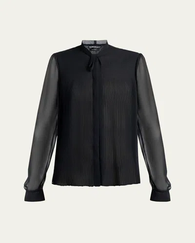 Tom Ford Chiffon Plisse Neck-tie Blouse In Black