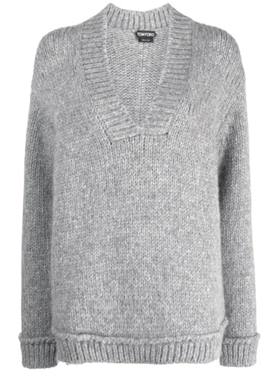 Tom Ford Chunky-knit V-neck Jumper In Grey