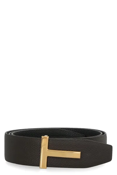 Tom Ford T Grainy Leather Belt In Brown Black Gold T