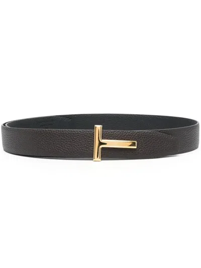 Tom Ford Hammered Leather Belt With T Buckle In Black