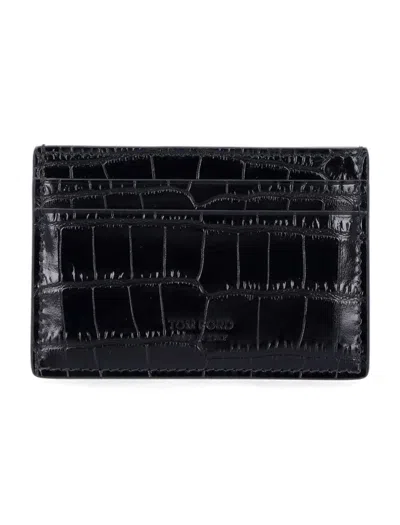 Tom Ford Croco Embossed Leather Cardholder In Black