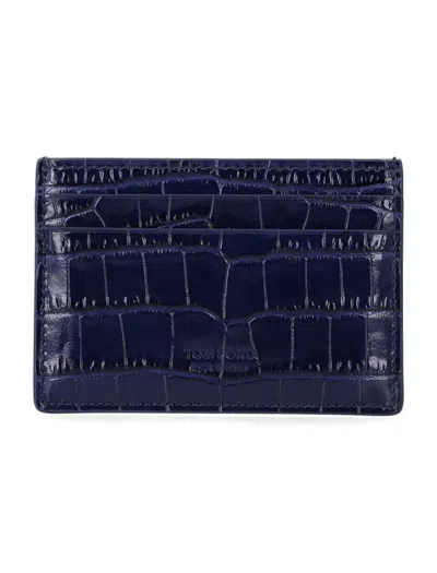 Tom Ford Croco Embossed Leather Cardholder In Blue