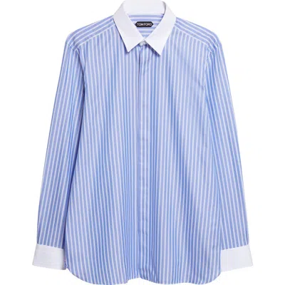 Tom Ford Classic Fit Contrast Collar Stripe Button-up Shirt In Blue