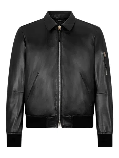 Tom Ford Mens Black Slim-fit Collared Leather Jacket