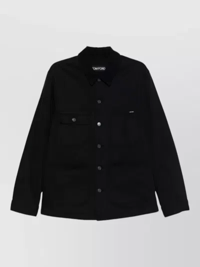 Tom Ford Collared Denim Jacket Chest And Front Pockets In Black