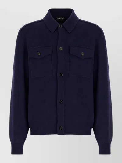Tom Ford Slim Fit Striped Silk And Cotton Blend Shirt With Pockets In Blue