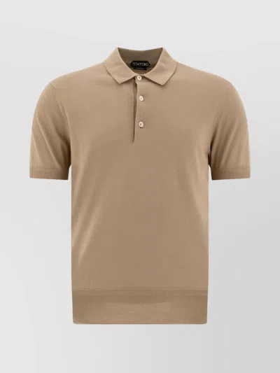Tom Ford Collared Polo With Ribbed Cuffs And Hem In Brown