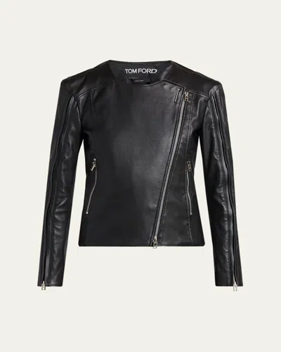 Tom Ford Collarless Leather Moto Jacket In Black