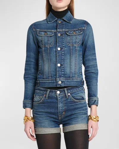 Tom Ford Comfort Stone Washed Denim Crop Jacket In Blue