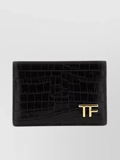 Tom Ford Compact Crocodile-embossed Logo Card Holder In Black