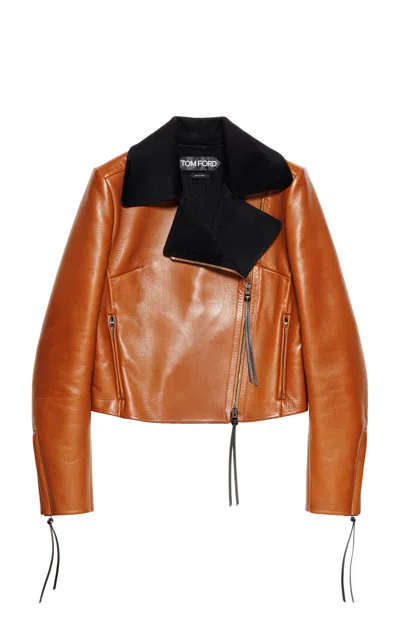Tom Ford Contrast Collar Leather Jacket In Brown