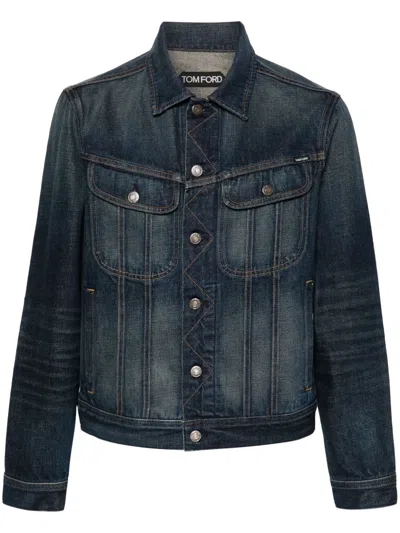 Tom Ford Broken Denim Twill Jacket In Washed Blue