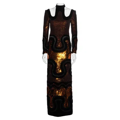 Pre-owned Tom Ford Copper Sequin And Velvet Multi Panelled Evening Maxi Dress, Fw 2015 In Black