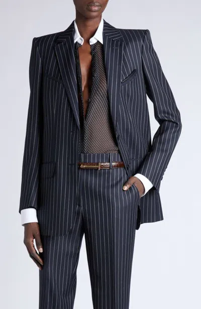 Tom Ford Corded Chalk Stripe Wool Western Jacket In Blue