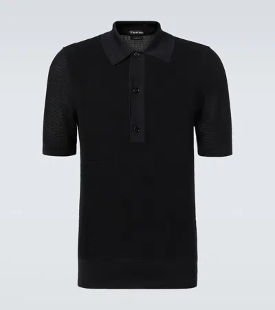 Tom Ford Polo Shirt Textured Short Sleeves In Nero