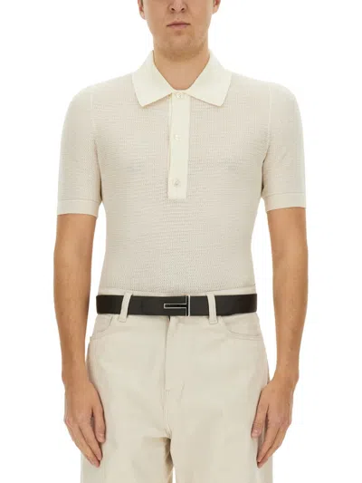 Tom Ford Ribbed Collar Polo Shirt In Cotton And Silk In Neutral