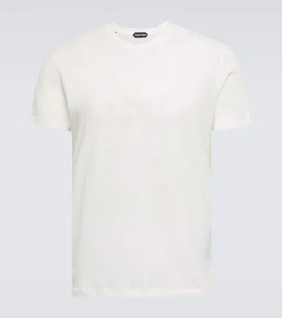 Tom Ford White Crewneck T-shirt With Tf Embroidery In Lyocell And Cotton Blend Man In Neutrals