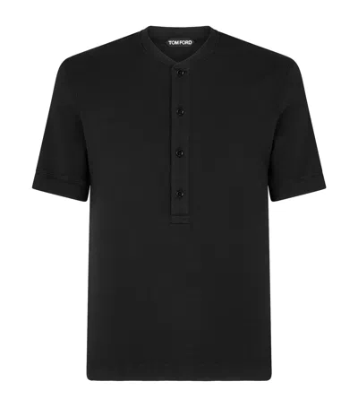 Tom Ford Cotton-blend Short-sleeve Henley Top In Black